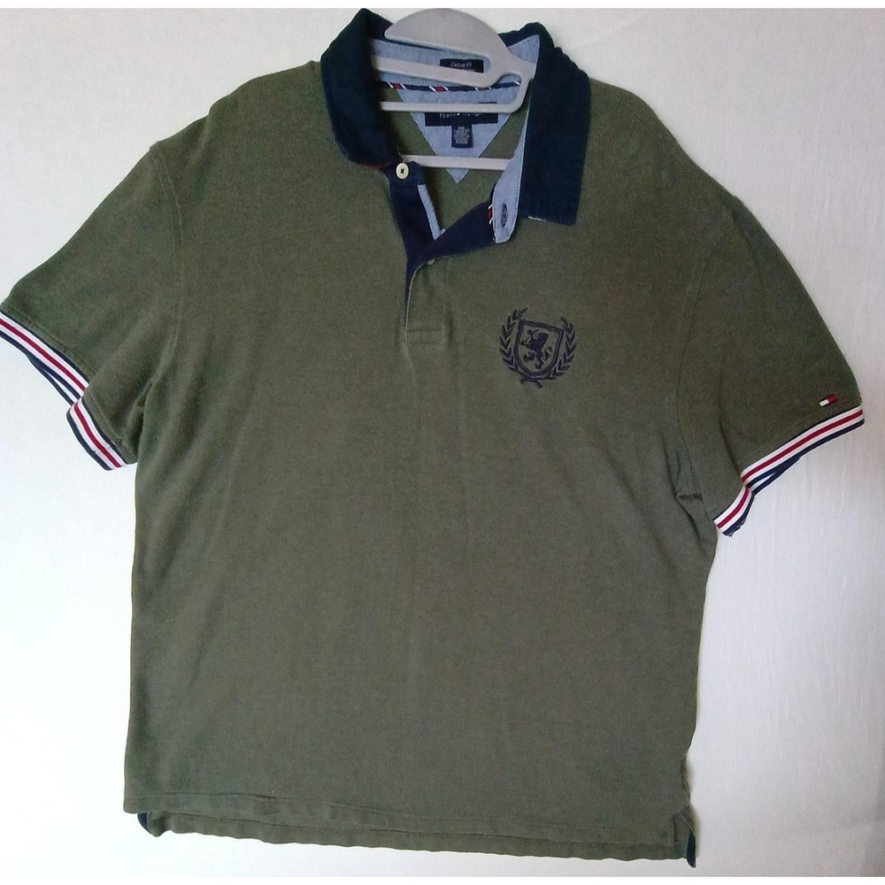 Tommy Hilfiger Polo Shirt Mens 2XL Green Navy Crest Athletics 85 Custom Fit USA